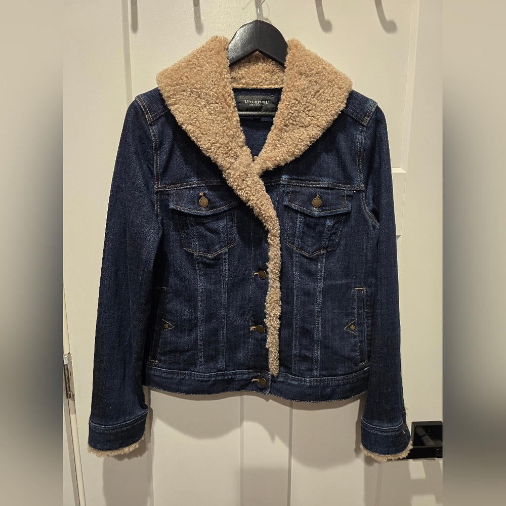 Liverpool Dark Blue Denim Trucker Jacket with Sherpa Collar